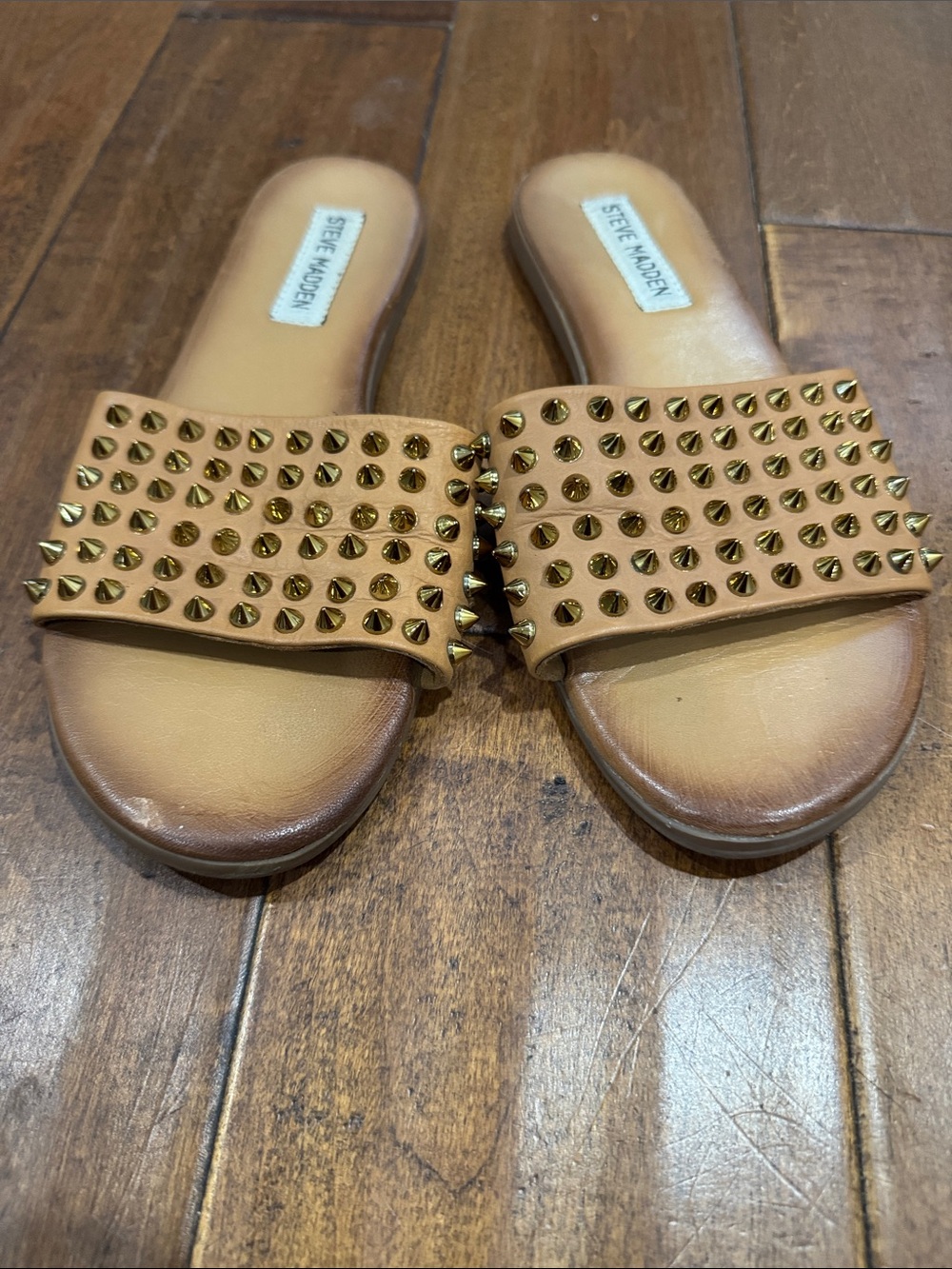 Steve Madden Tan Slide Sandals with Gold Studs